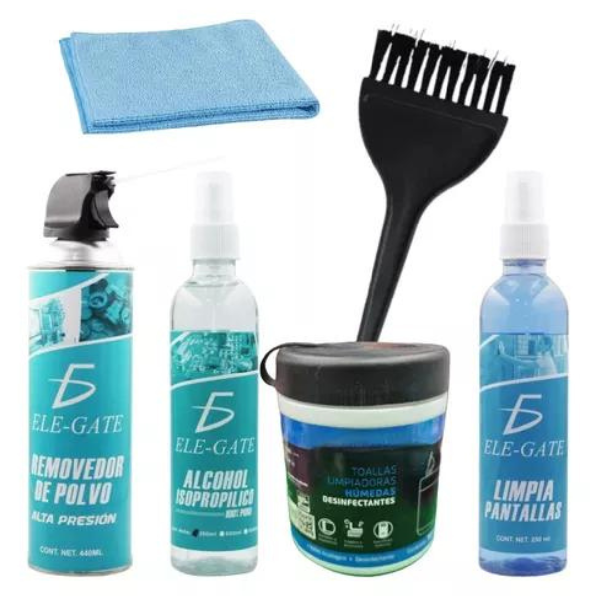 Aire Comprimido 440 ml, Toallas Húmedas, Alcohol Isopropílico 250 ml, Limpiador de pantallas 250 ml, Paño, Cepillo Antiéstatico