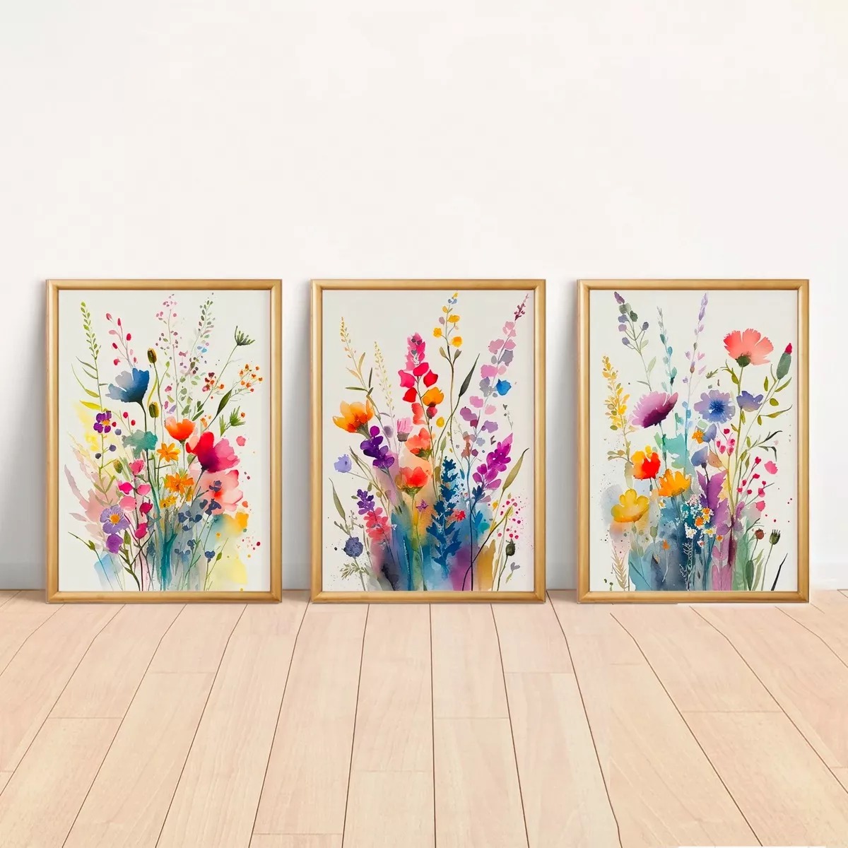 Set Cuadros Flores Acuarela Con Marco Madera Colorido Moderno