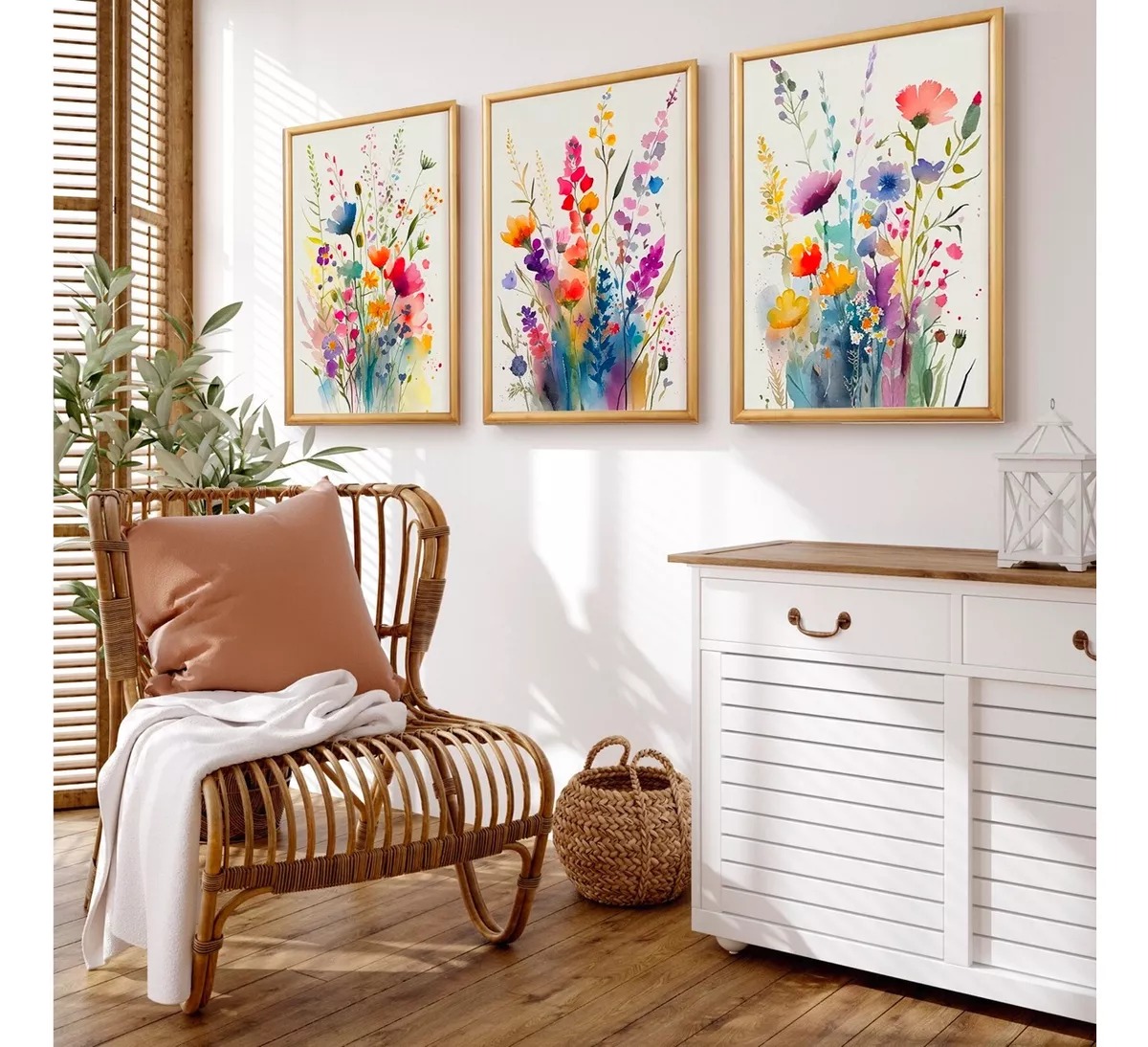 Set Cuadros Flores Acuarela Con Marco Madera Colorido Moderno