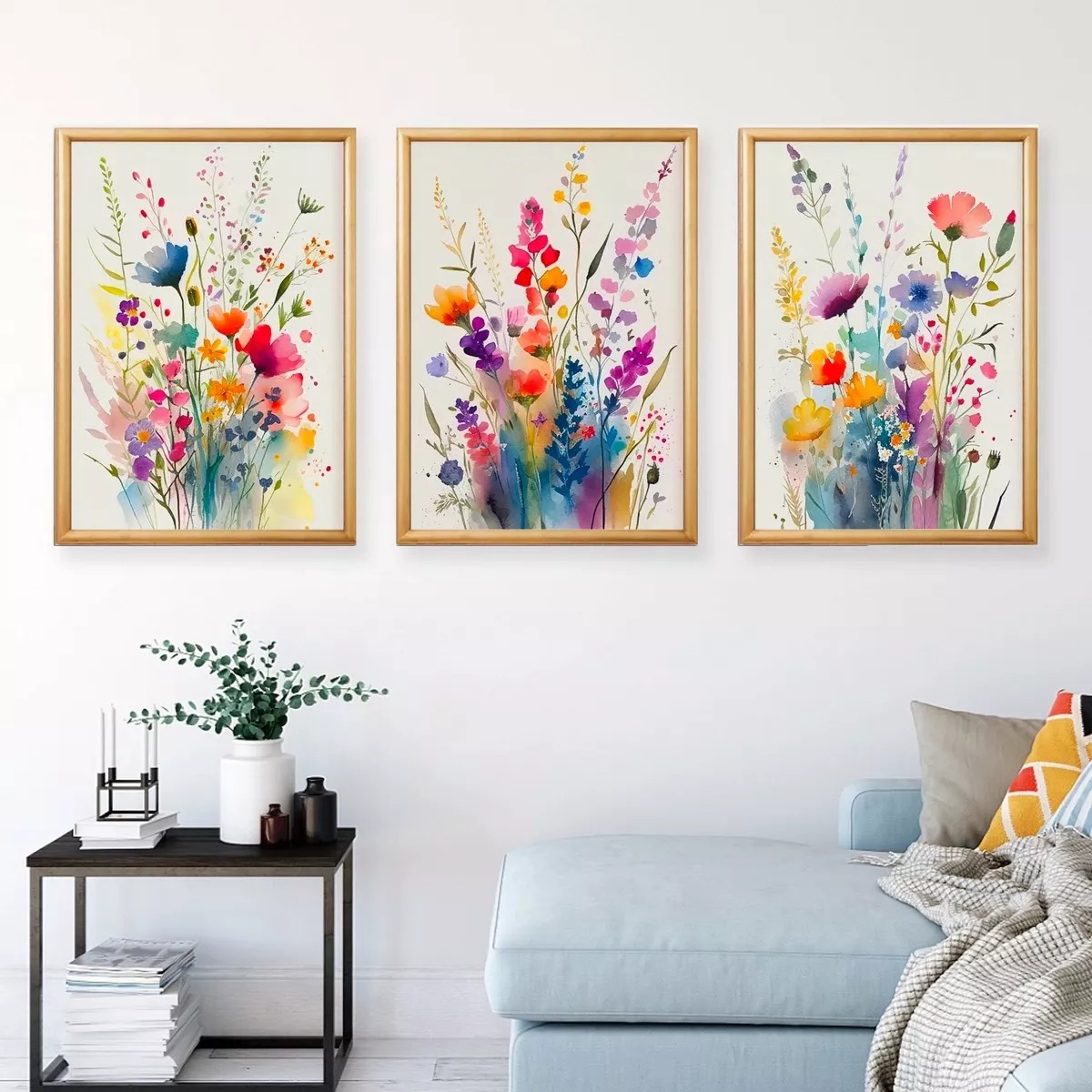 Set Cuadros Flores Acuarela Con Marco Madera Colorido Moderno