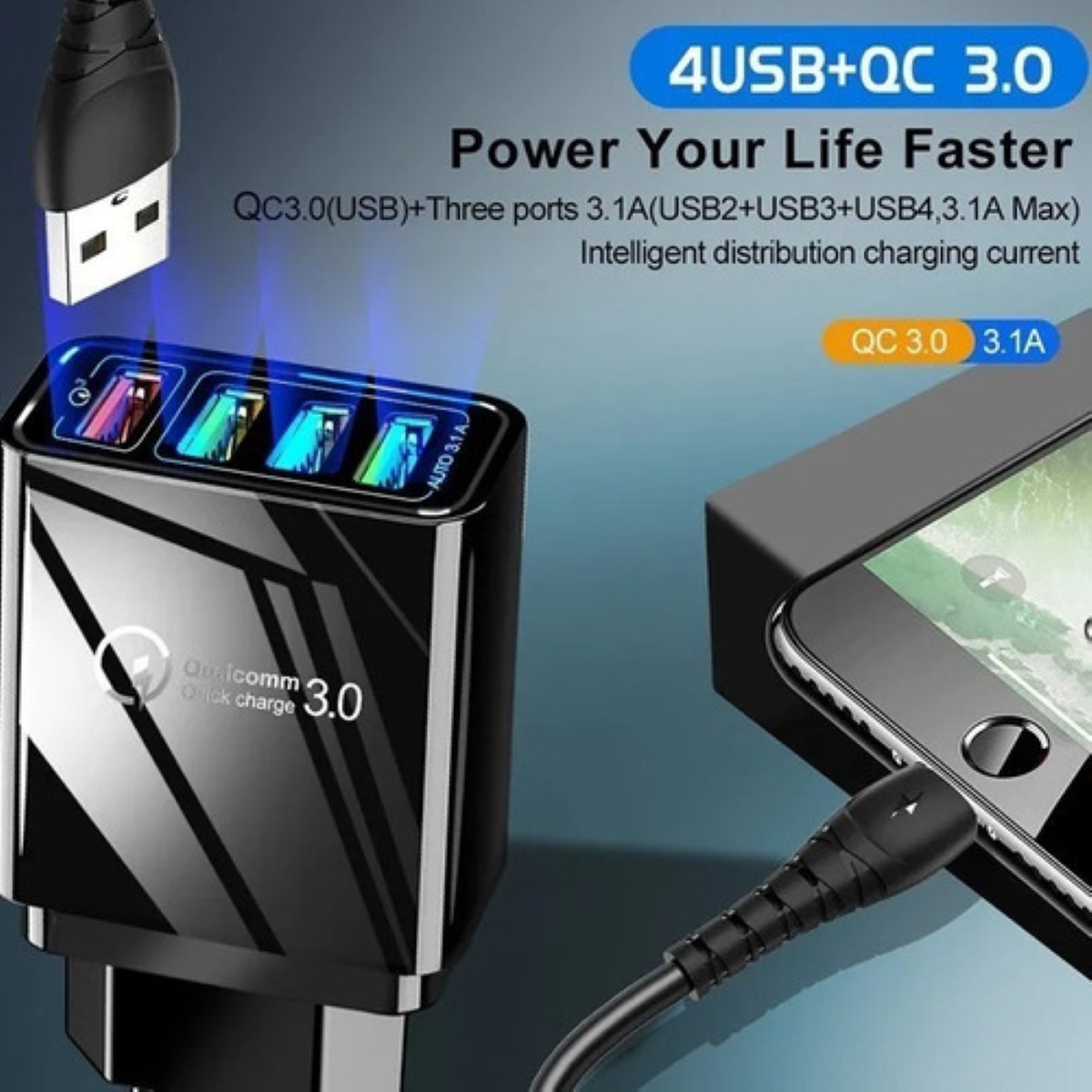 Cargador Carga Rapida Qc3.0 Turbo 4puerto Usb 5-12v Color Negro