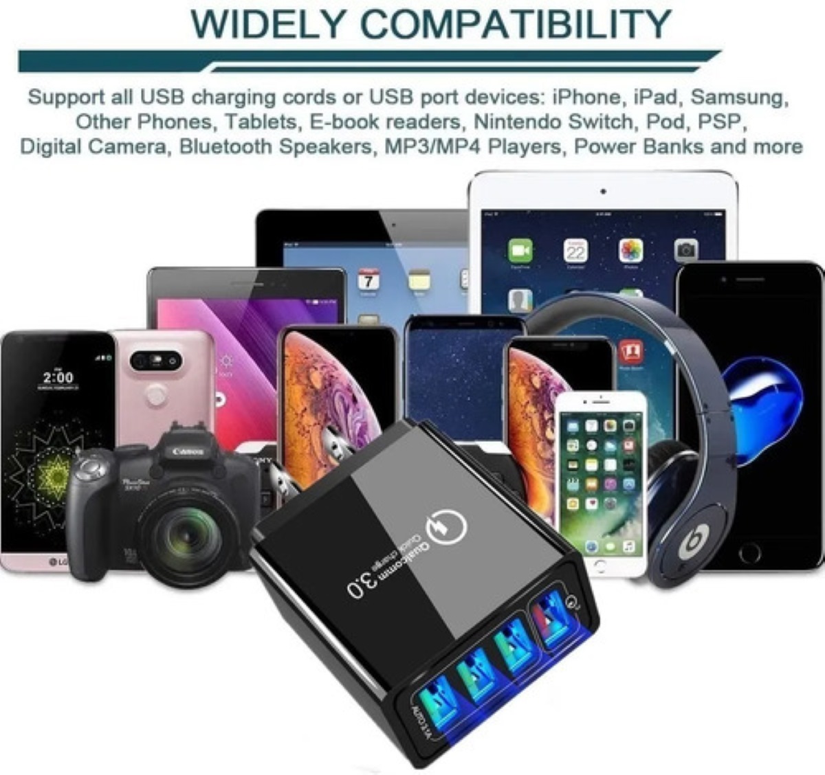 Cargador Carga Rapida Qc3.0 Turbo 4puerto Usb 5-12v Color Negro