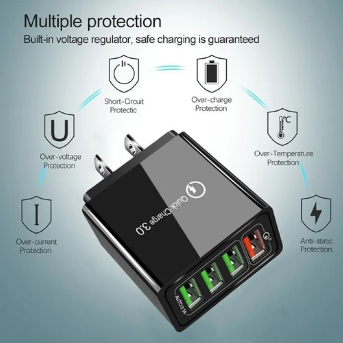 Cargador Carga Rapida Qc3.0 Turbo 4puerto Usb 5-12v Color Negro