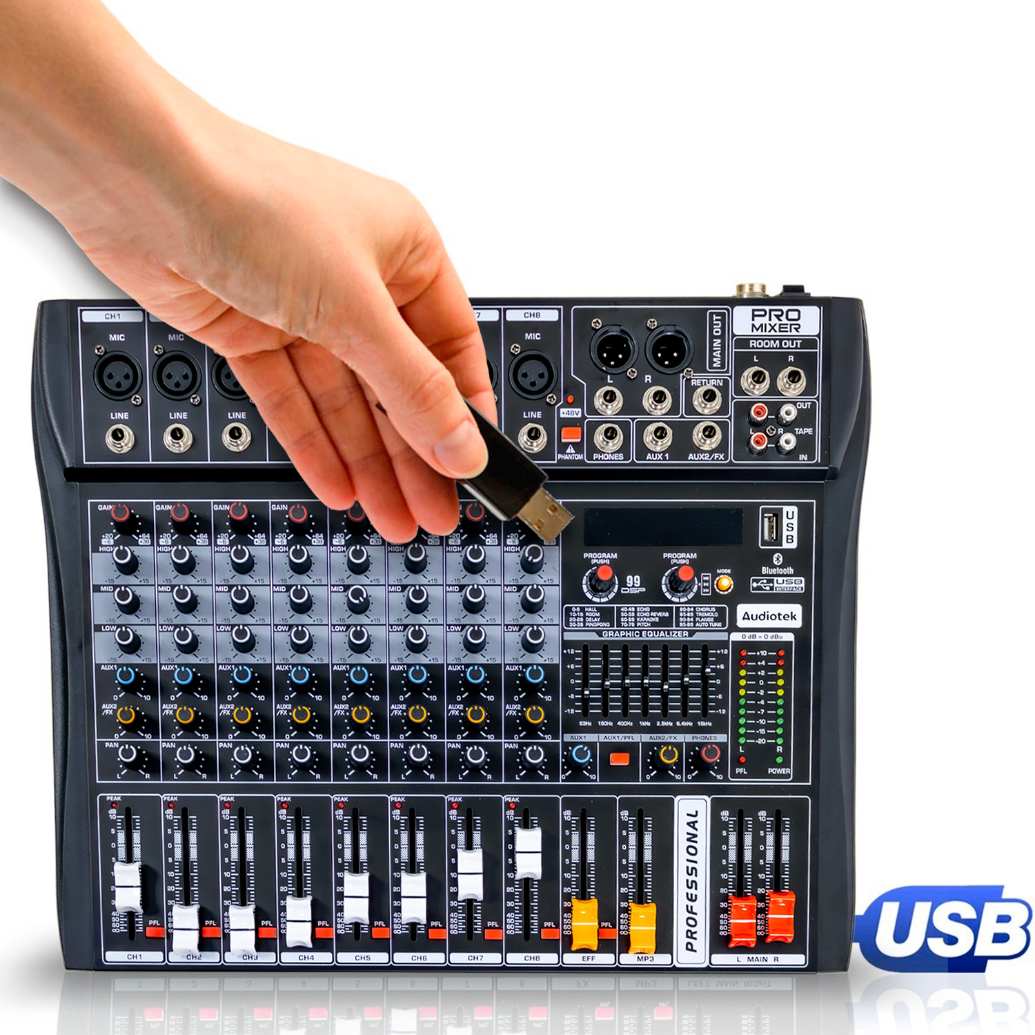 Mezcladora Amplificada Mixer Bluetooth 8 Canales 24 Efectos .
