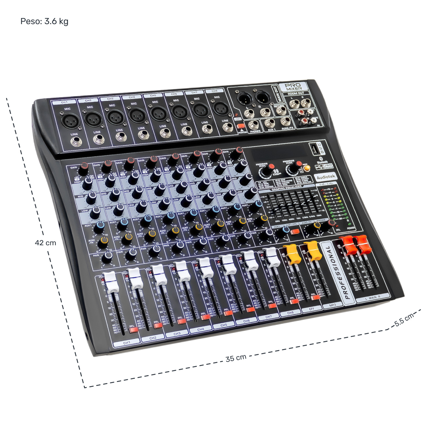 Mezcladora Amplificada Mixer Bluetooth 8 Canales 24 Efectos .