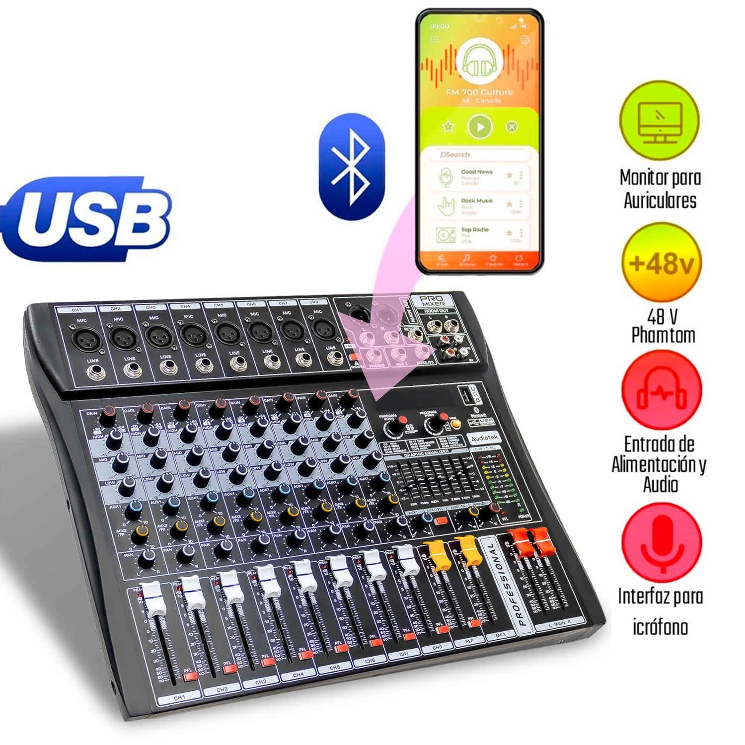 Mezcladora Amplificada Mixer Bluetooth 8 Canales 24 Efectos .