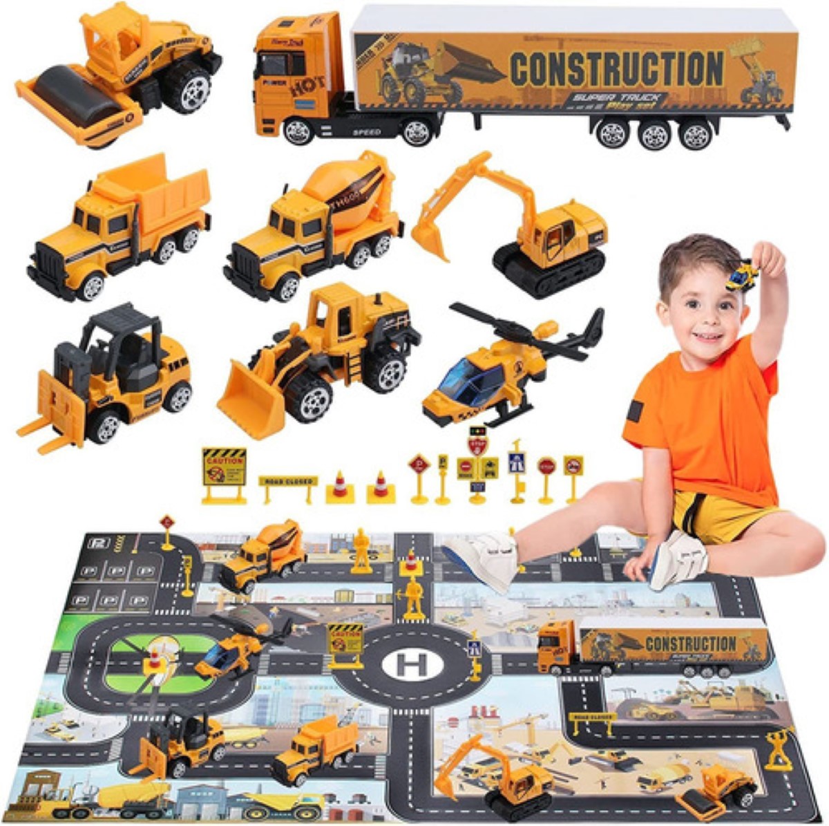 "Kit De Camiones De Juguete Con Alfombrilla De Tráfico, 8 Pzs Amarillo "