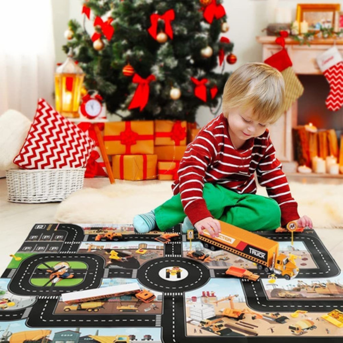 "Kit De Camiones De Juguete Con Alfombrilla De Tráfico, 8 Pzs Amarillo "