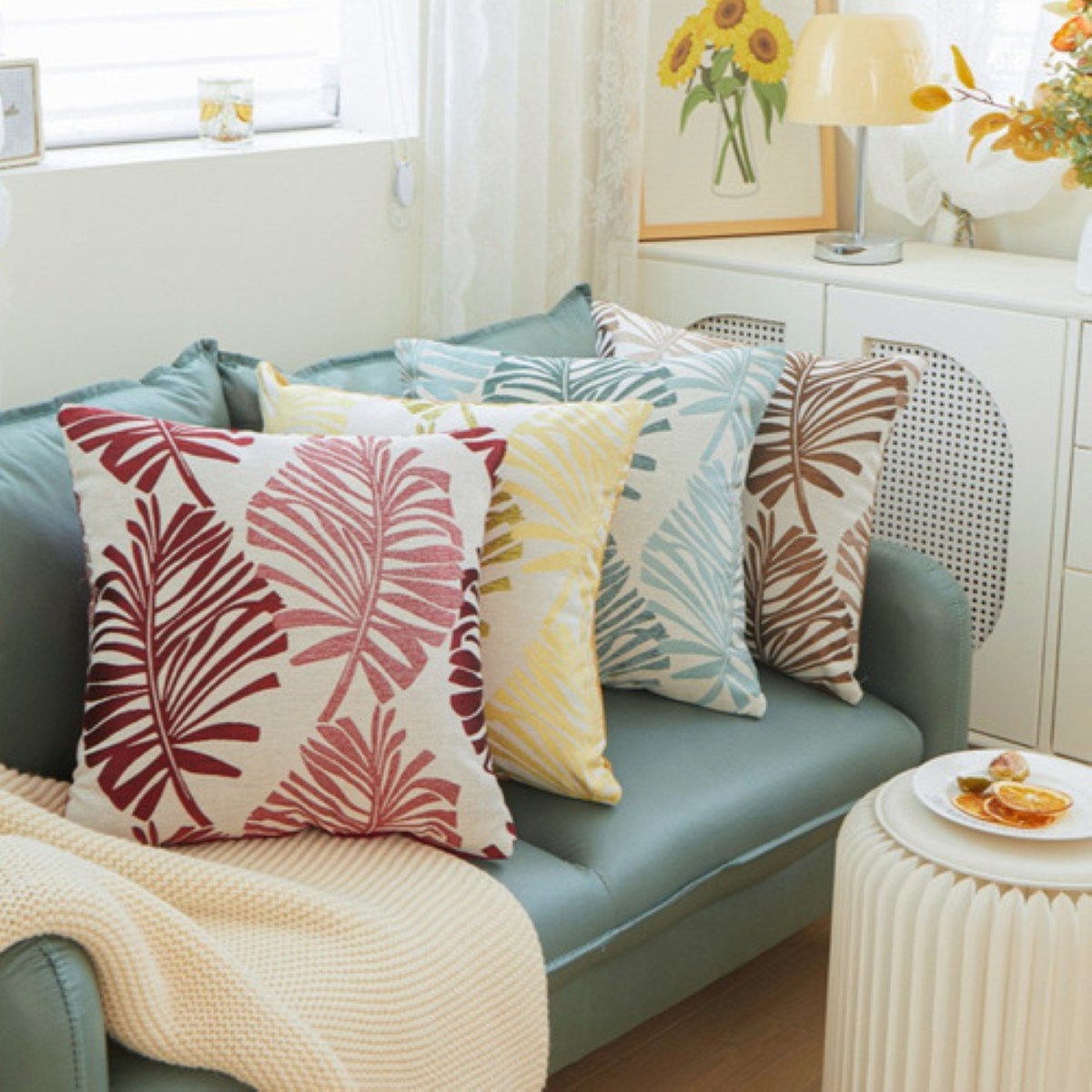 2 Pzas Fundas Para Cojines Decorativos De Terciopelo 45x45cm Hojas Caqui