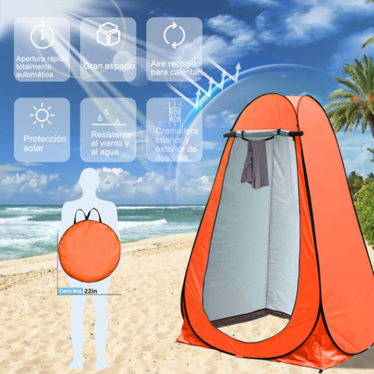 Vestidor Cambiador Portátil Tienda Campaña1.9m Camping/playa Naranja