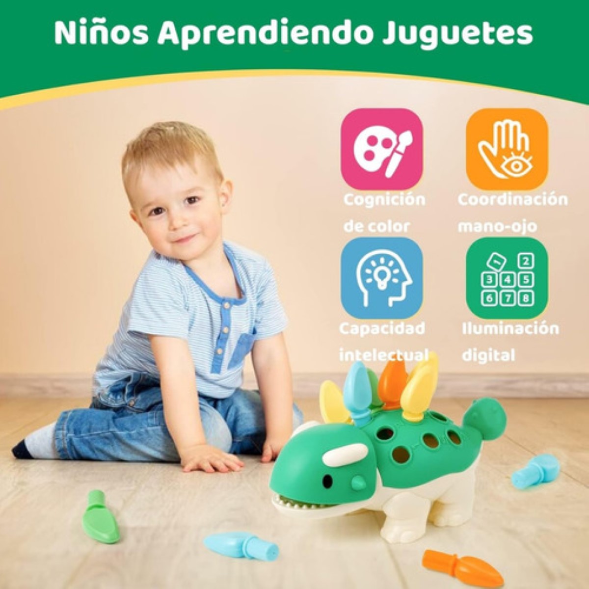 "Juguetes Dinosaurios Didacticos Montessori Regalo Para Niños Verde "