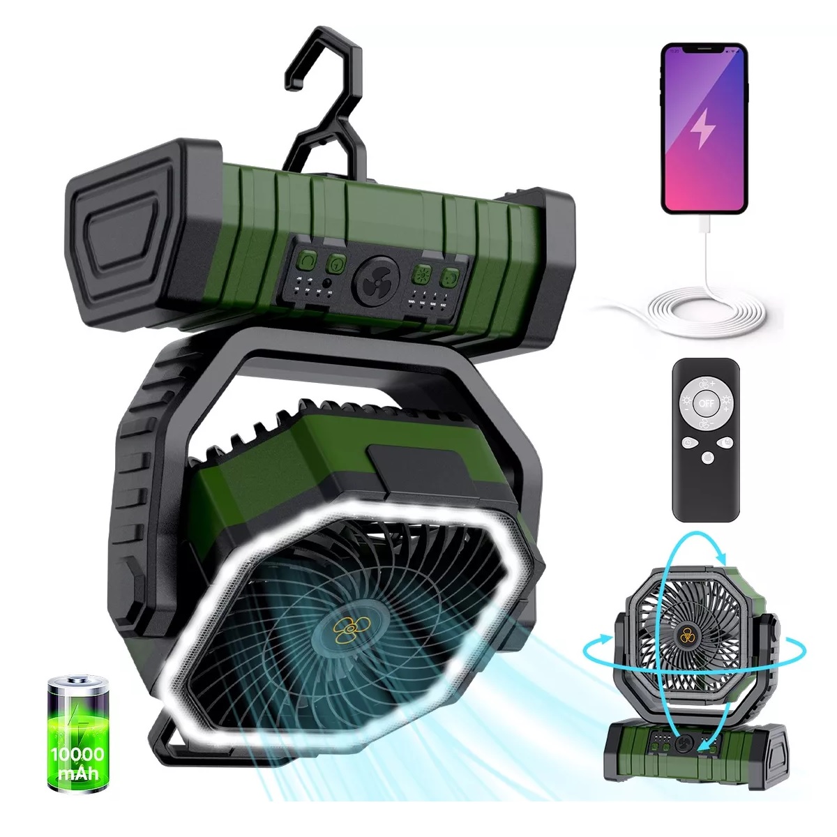 Ventilador De Camping Recargable Portátil Con Luz Led