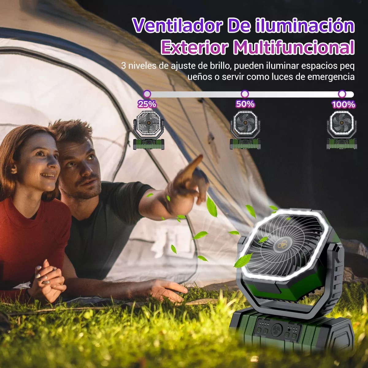Ventilador De Camping Recargable Portátil Con Luz Led