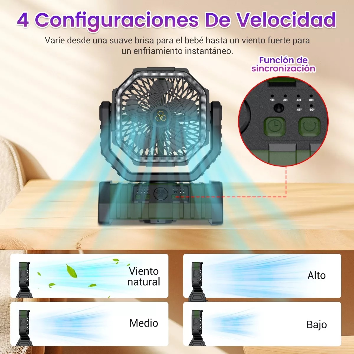 Ventilador De Camping Recargable Portátil Con Luz Led