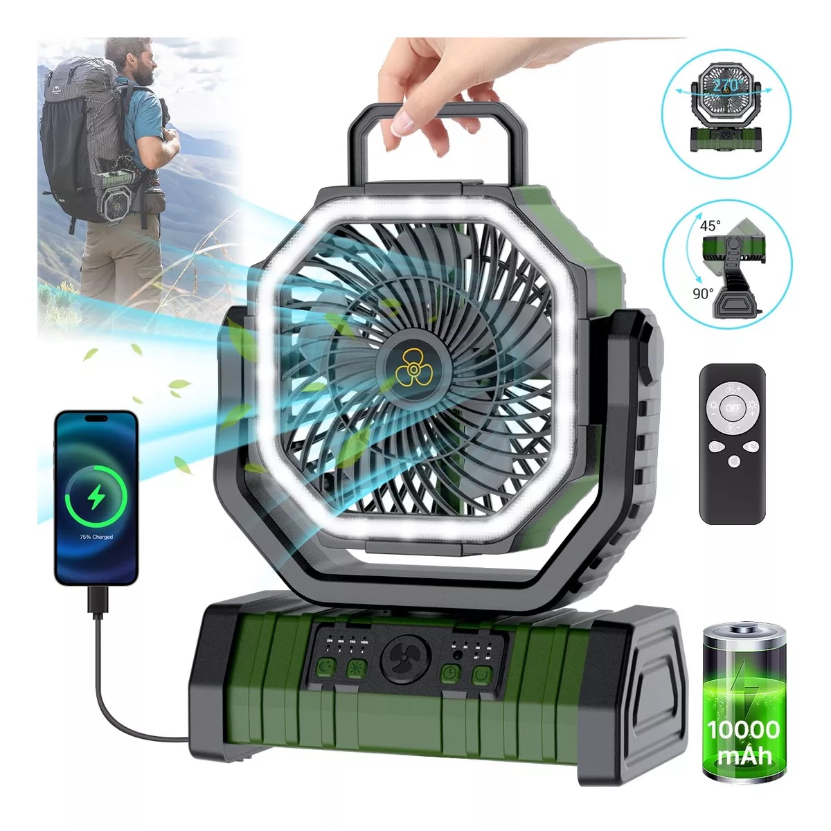 Ventilador De Camping Recargable Portátil Con Luz Led