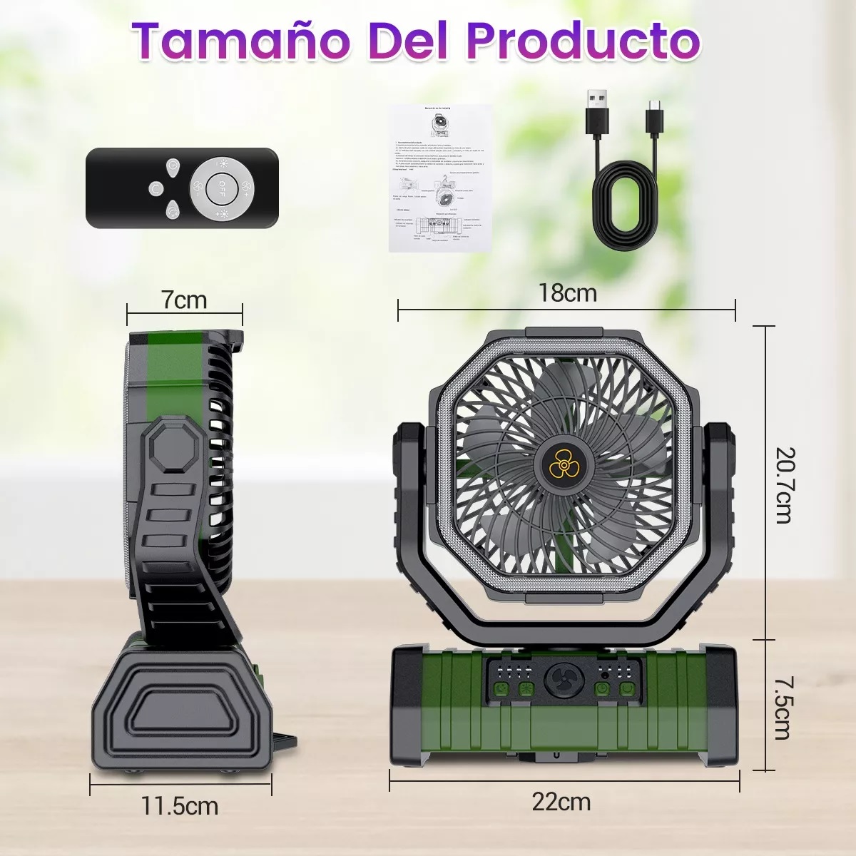 Ventilador De Camping Recargable Portátil Con Luz Led