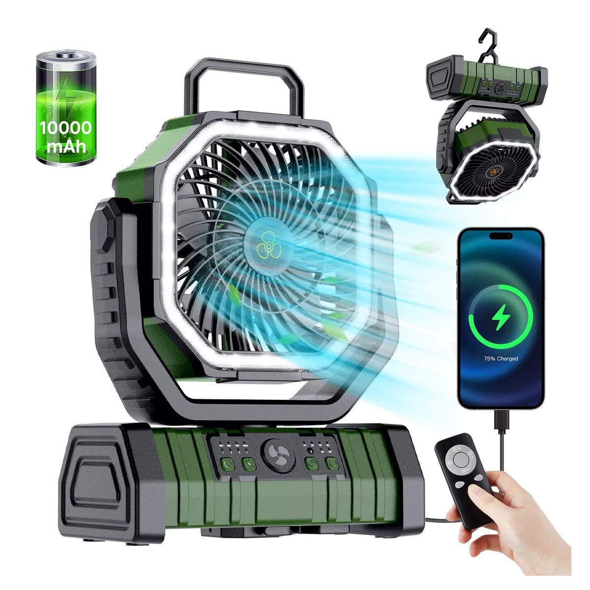 Ventilador De Camping Recargable Portátil Con Luz Led