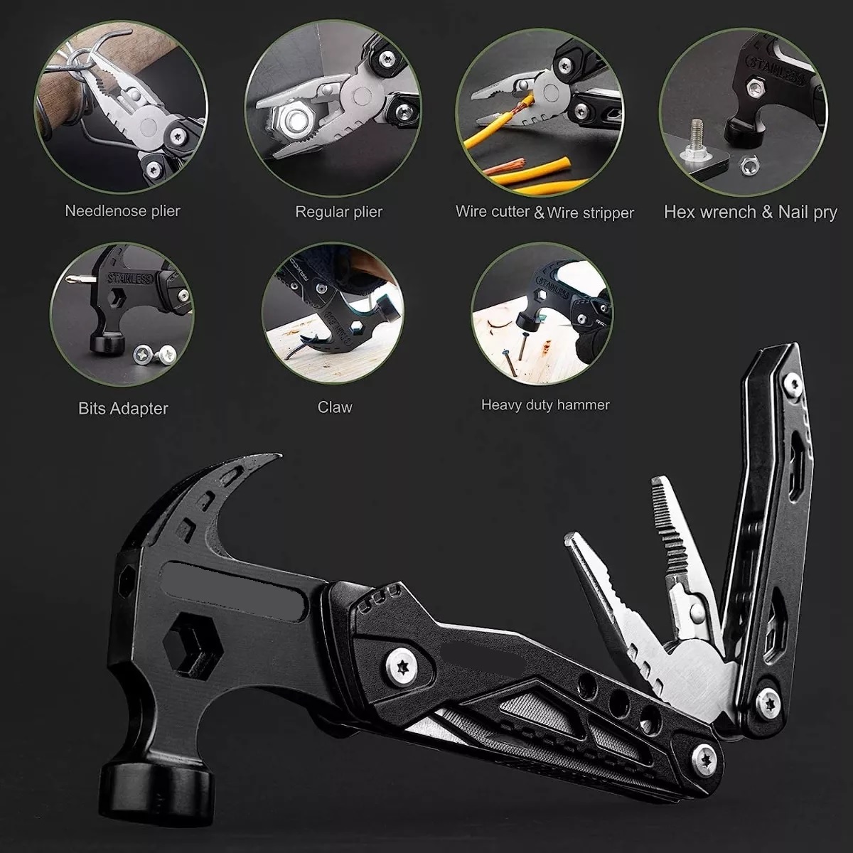 Multiherramienta Para Camping Portatil Martillo 15 En 1 Negro.