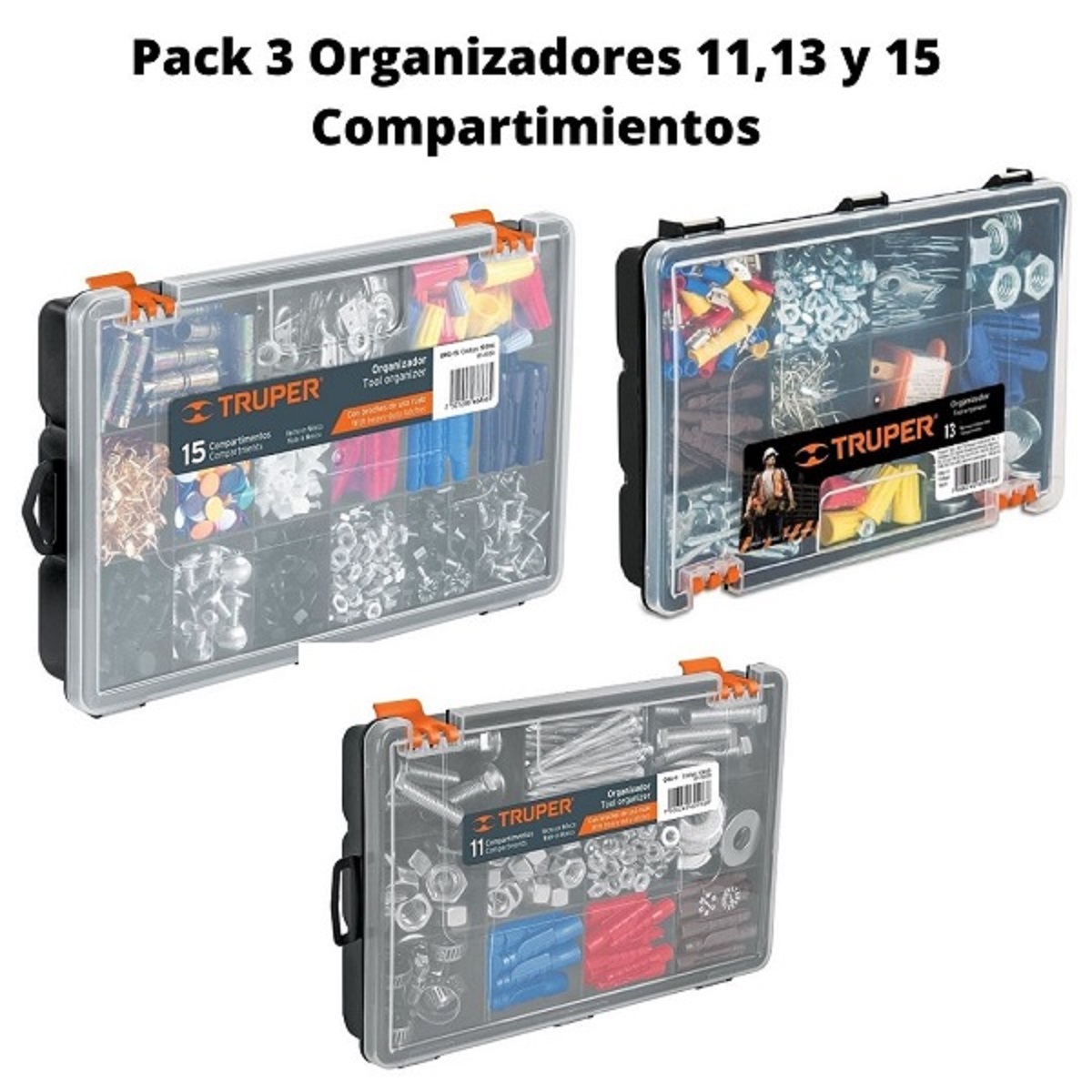 Pack Organizadores 11, 13 Y 15 Compartimientos Uso Rudo 3 Piezas