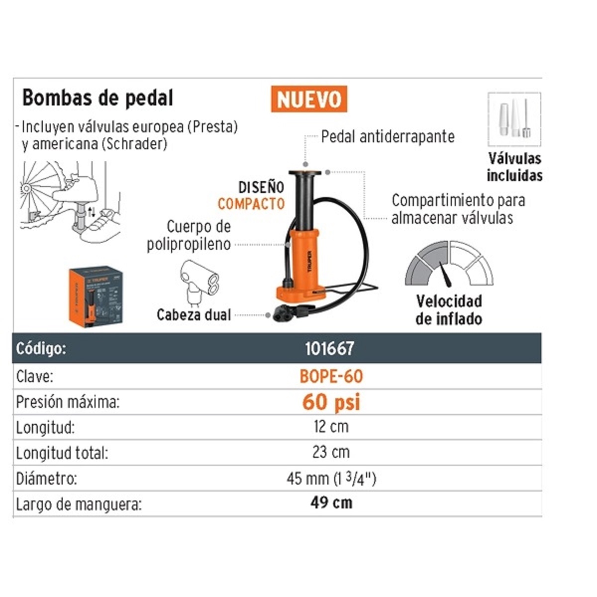Bomba Aire Pedal Para Inflar Llantas Balones Incluye Válvula