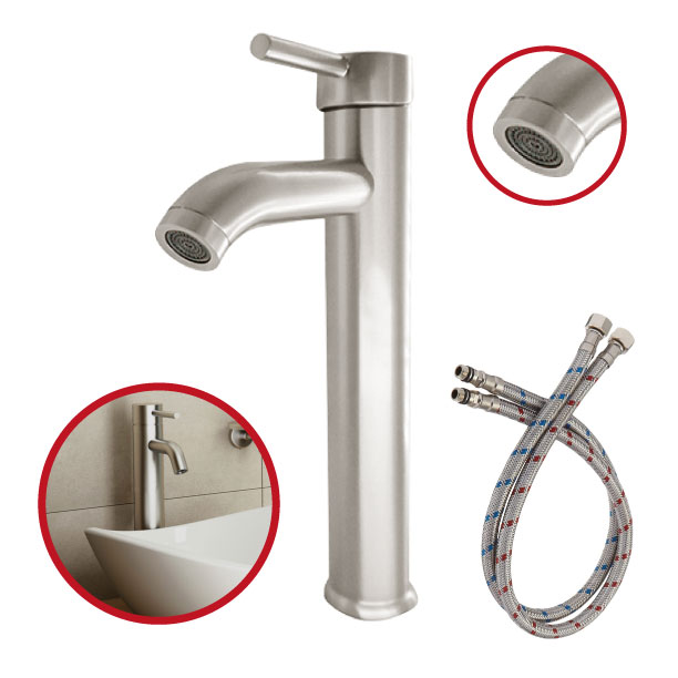 Llave Monomando Alta para Lavabo Acero Inoxidable EJEX Satín