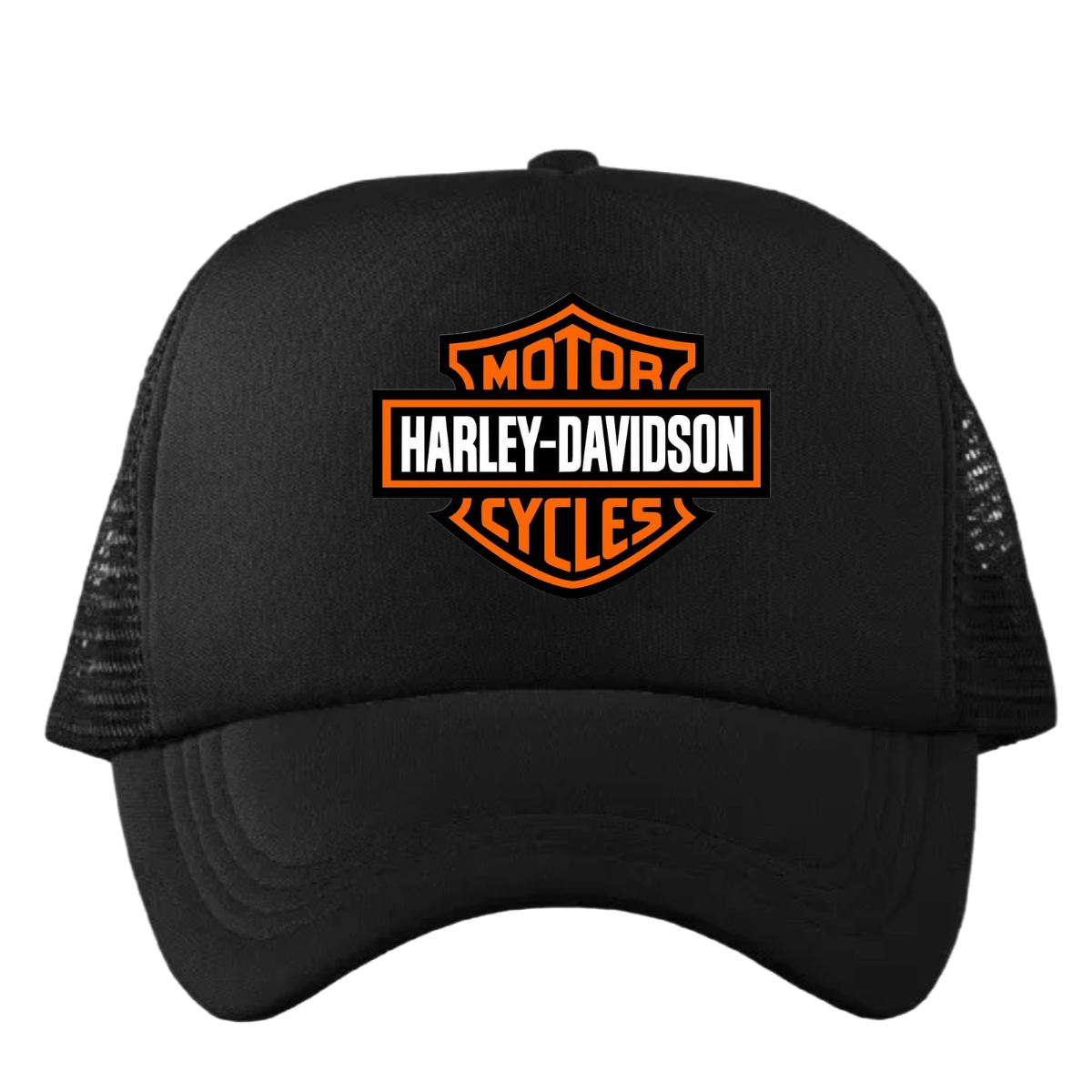 Gorra negra harley davidson logo trucker de malla estampado premium HD en tela termoadhesiva.