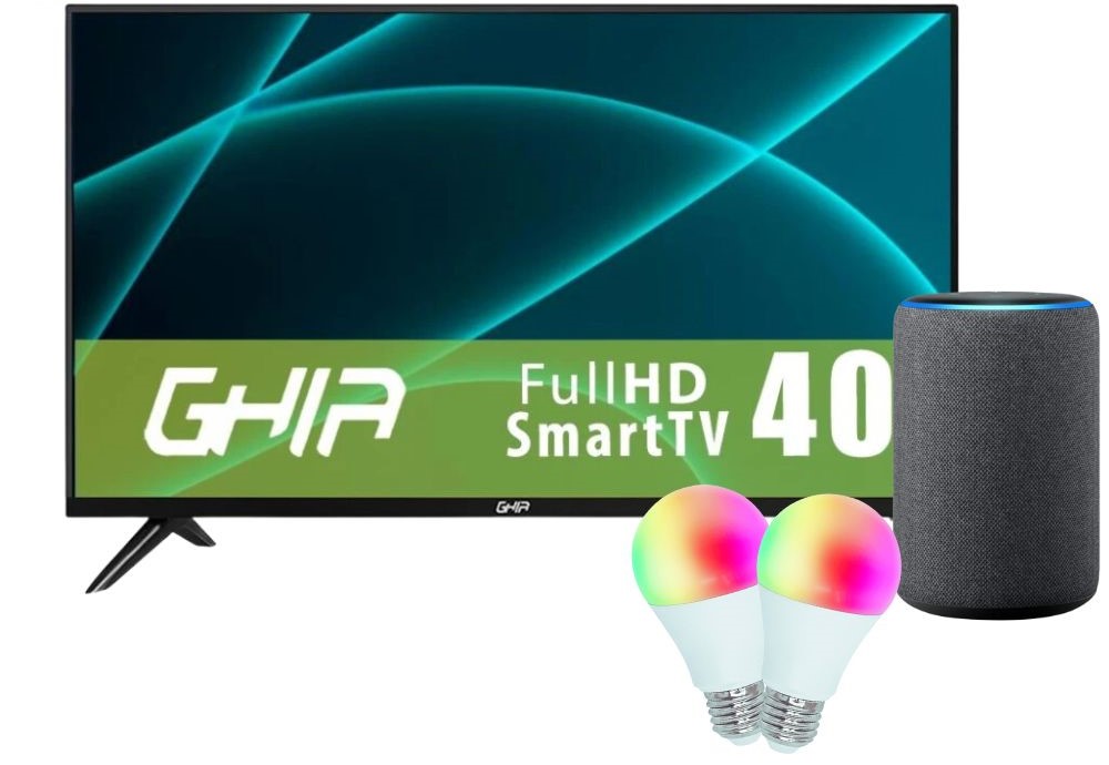 Combo Casa Inteligente  Smart TV Ghia 40 Pulgadas   Alexa Echo 3 (Reacondicionada Grado A)  2 Focos inteligentes.