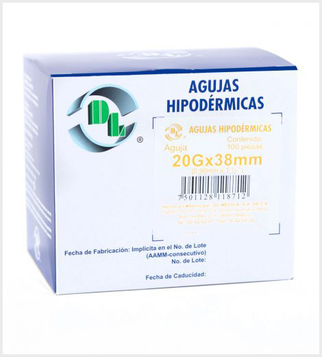 Agujas Hipodérmica Desechable Calibre 20G x 38 mm Caja con 100pz 