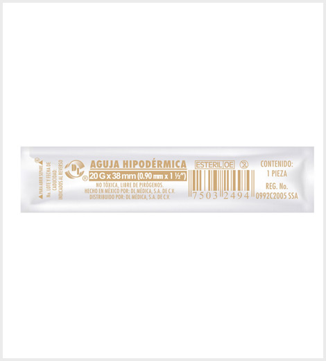 Agujas Hipodérmica Desechable Calibre 20G x 38 mm Caja con 100pz 