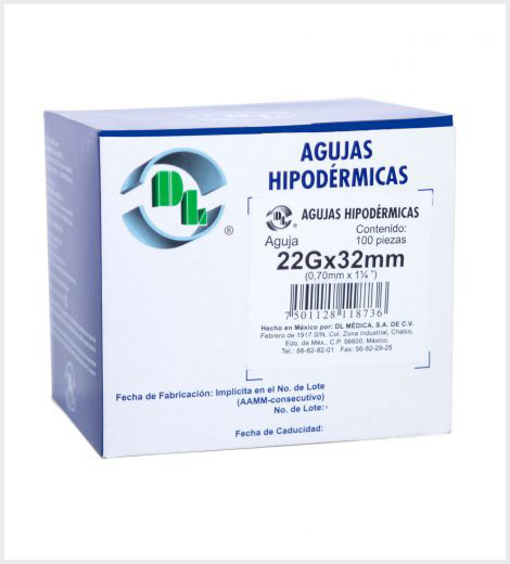 Agujas Hipodérmica Desechable Calibre 22G x 32 mm Caja con 100pz