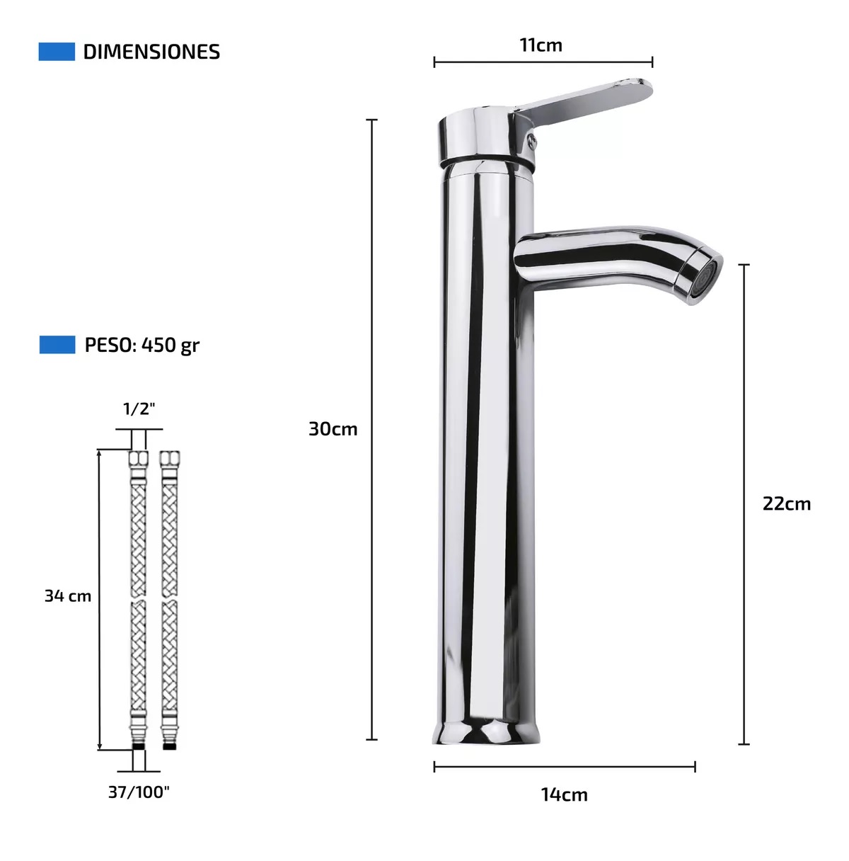 Llave Mezcladora Alta Monomando para Fregadero lavabo Baño Grifo lavamanos