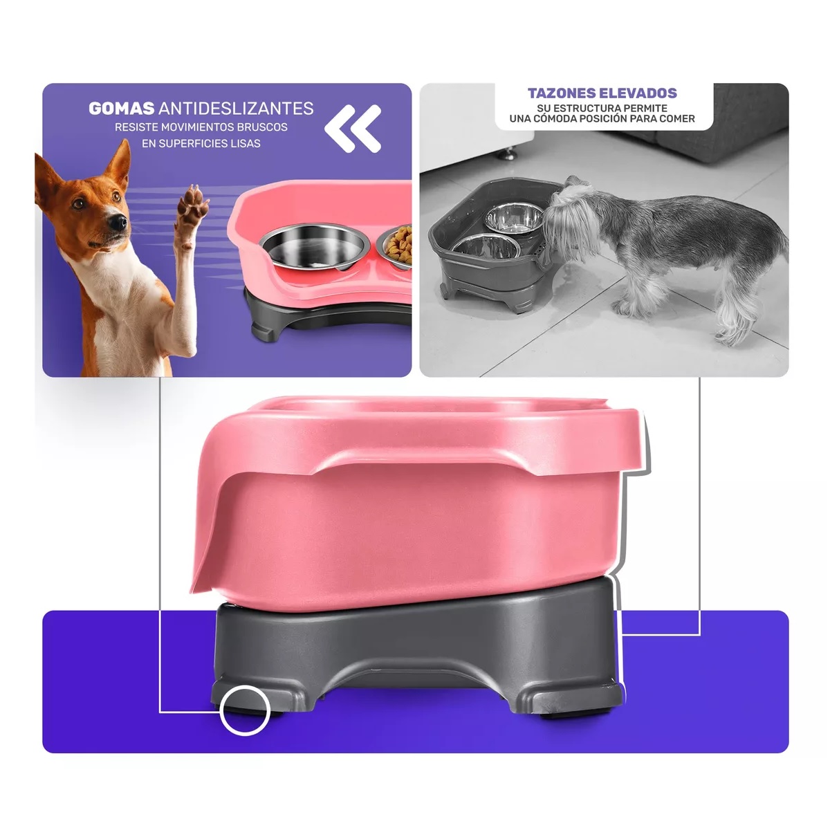 Tazones Plato Para Perro Y Gato Acero Inoxidable Con Soporte Rosa