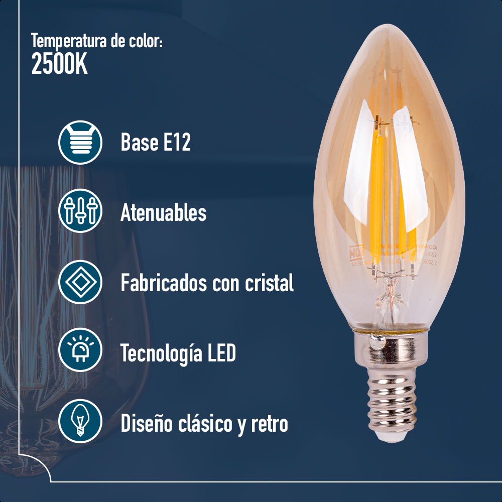 ICON Foco Vintage LED Tipo Vela 4W Atenuable Luz Cálida 2500K Base E12