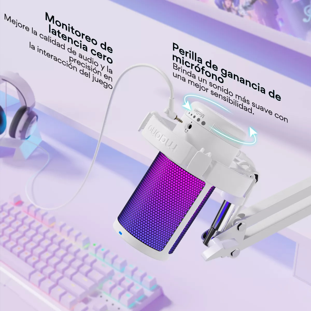 Micrófono Gamer Rgb Condensador Usb Para Pc,dgm20s Blanco