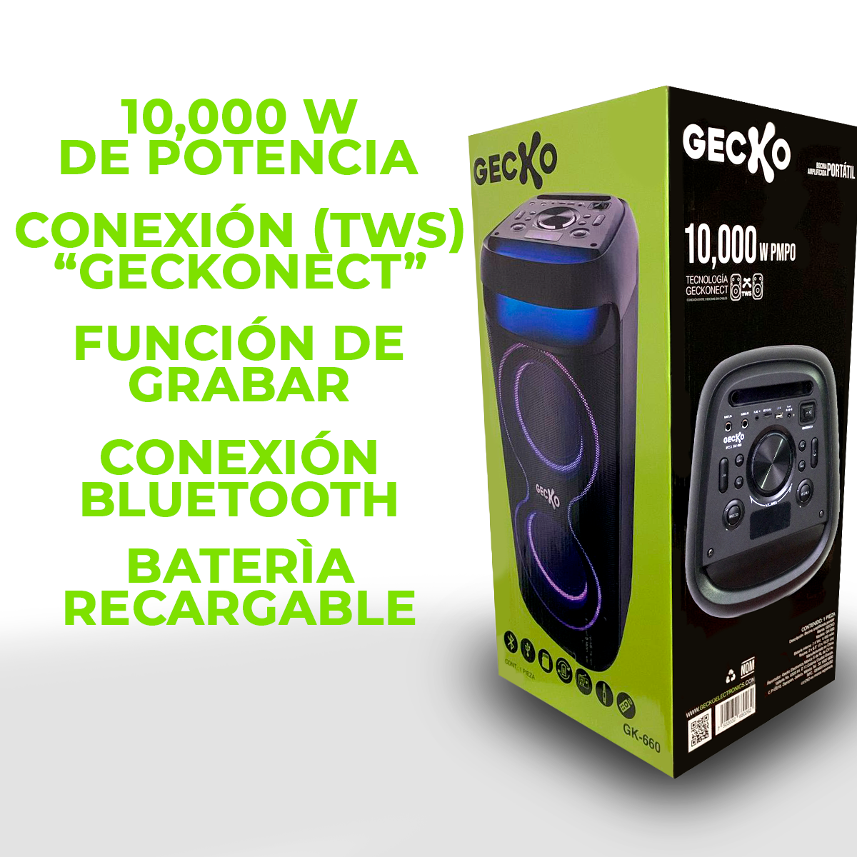 Sistema De Audio Portátil Gecko 10,000 Watts Panel Iluminado