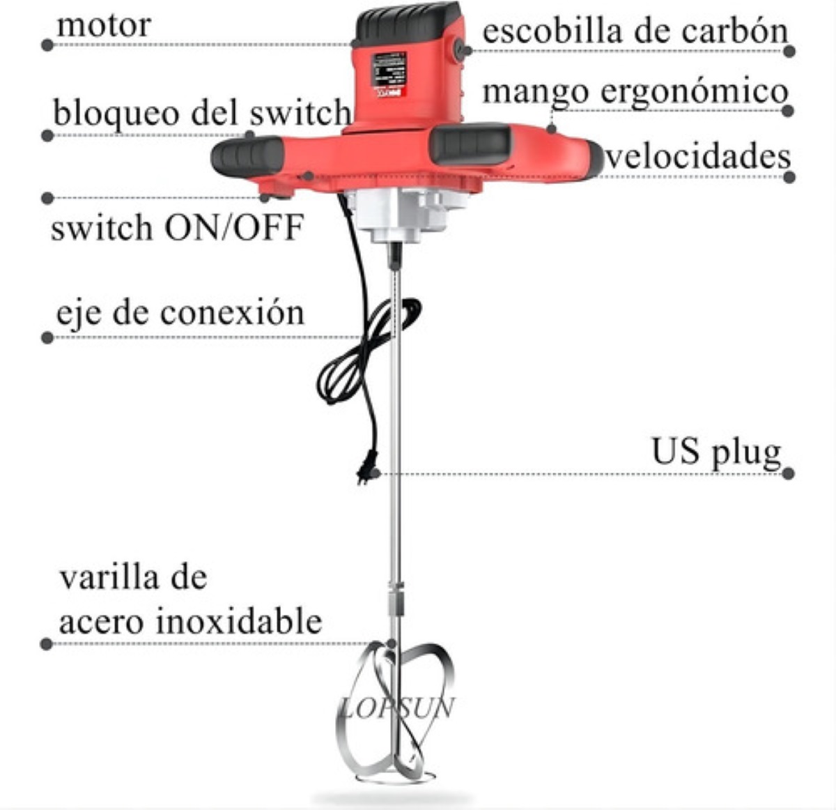 Mezcladora Eléctrica De Cemento/pintura Velocidad Ajustable rojo