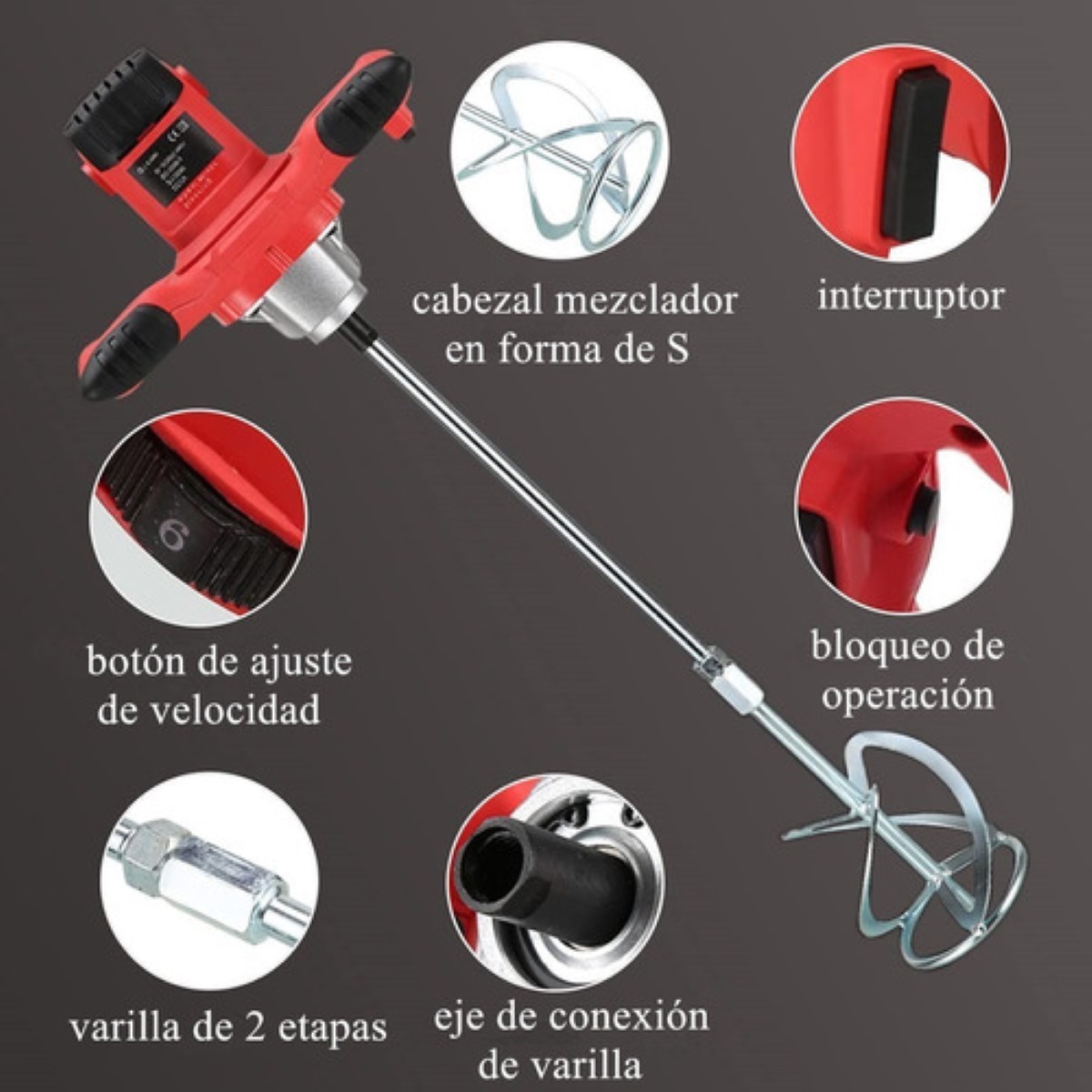 Mezcladora Eléctrica De Cemento/pintura Velocidad Ajustable rojo
