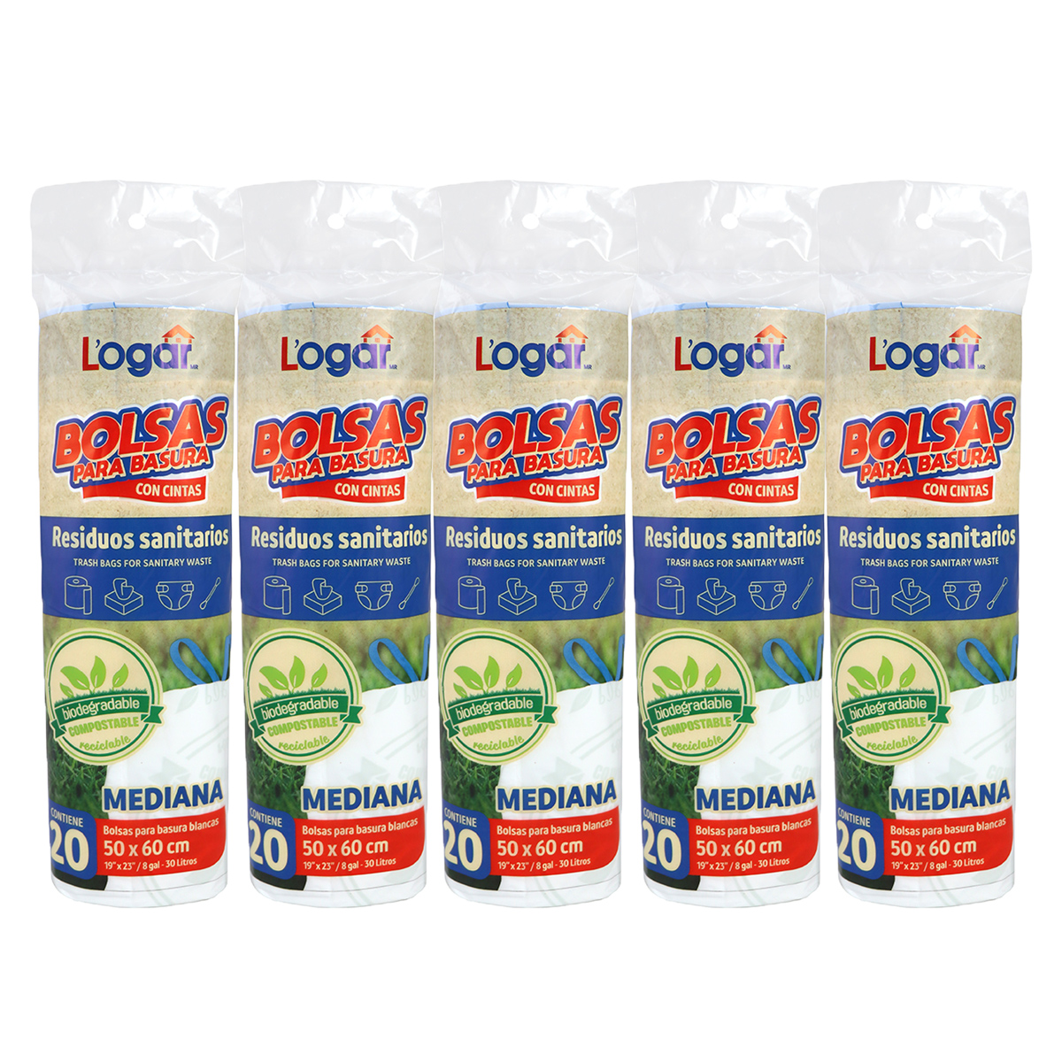 100 Bolsas para basura en rollo con cinta L'ogar 50x60cm residuos sanitarios 