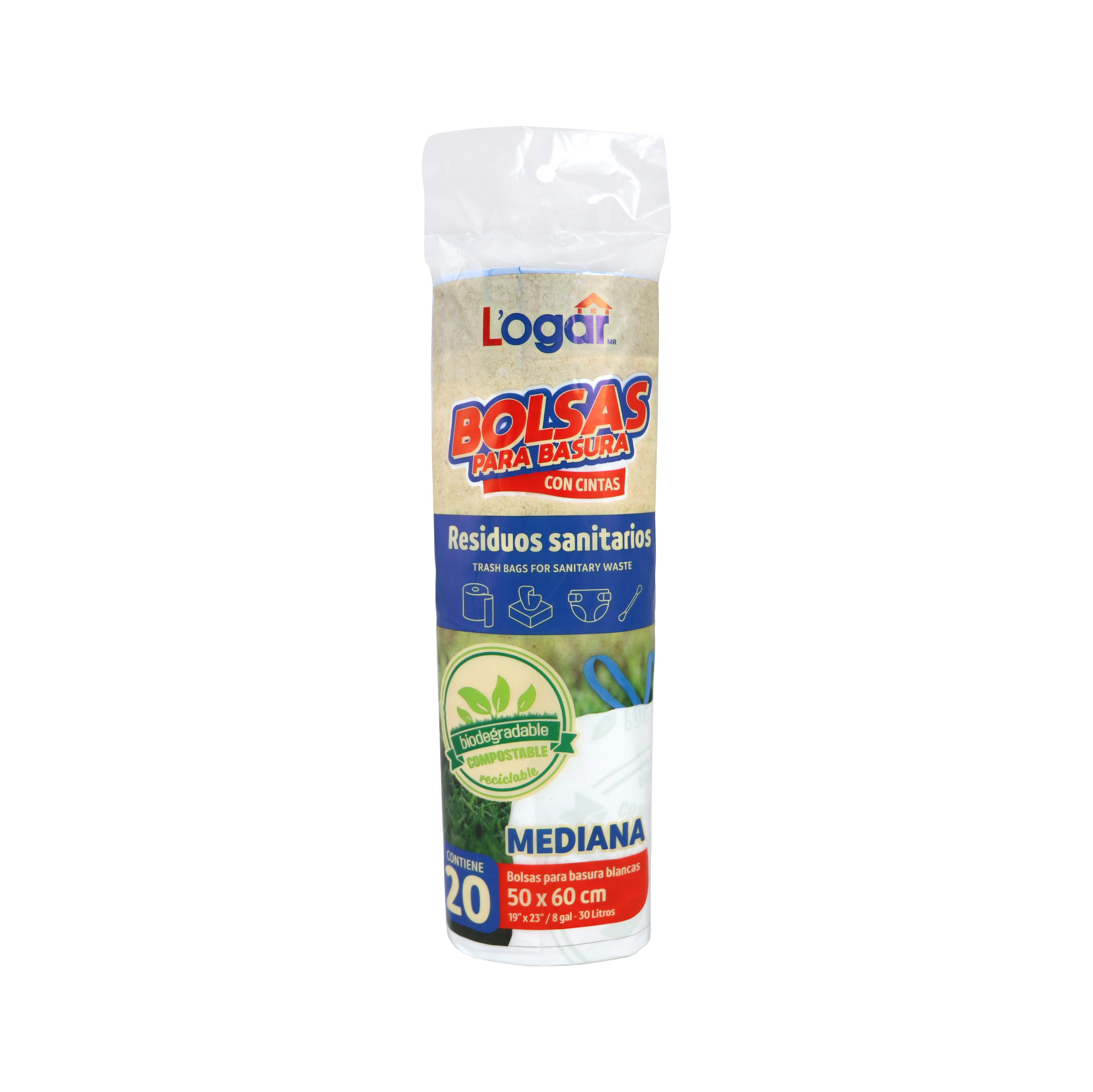 100 Bolsas para basura en rollo con cinta L'ogar 50x60cm residuos sanitarios 