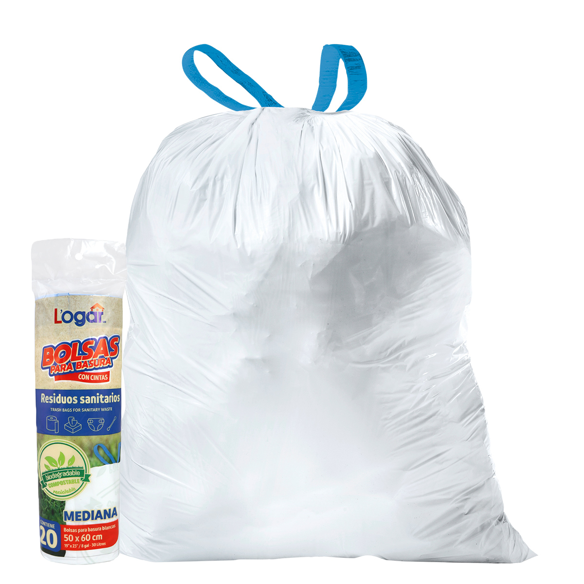 100 Bolsas para basura en rollo con cinta L'ogar 50x60cm residuos sanitarios 