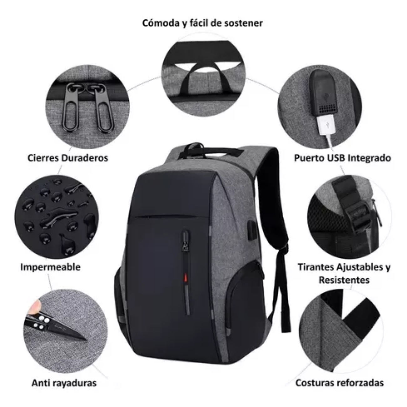 Mochila De Gran Capacidad Antirrobo Para Laptop Cargador Usb Color Gris Oxford