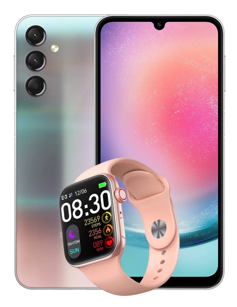 Combo Celular Samsung Galaxy A24 128GB   4GB RAM (Plata)   Smartwatch Rosa.