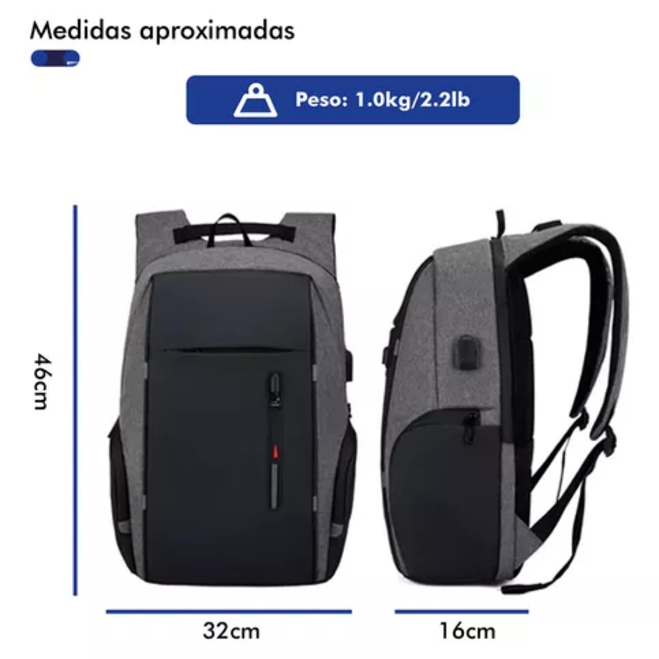 Mochila De Gran Capacidad Antirrobo Para Laptop Cargador Usb Color Gris Oxford