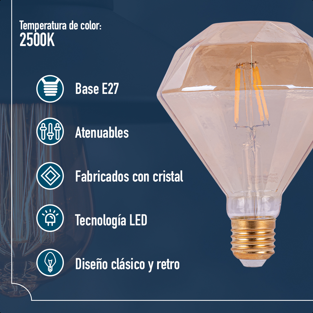 ICON Foco Vintage LED 4W Atenuable Bulbo Tipo Diamante Luz Cálida 2500K Base E27