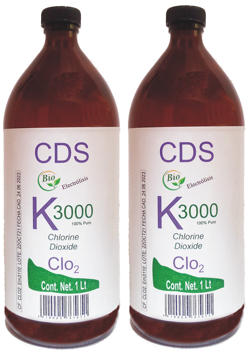 Dioxido de Cloro CDS K3000 por Electrolisis 3000 ppm 2 Litros Botellas Cristal Ambar