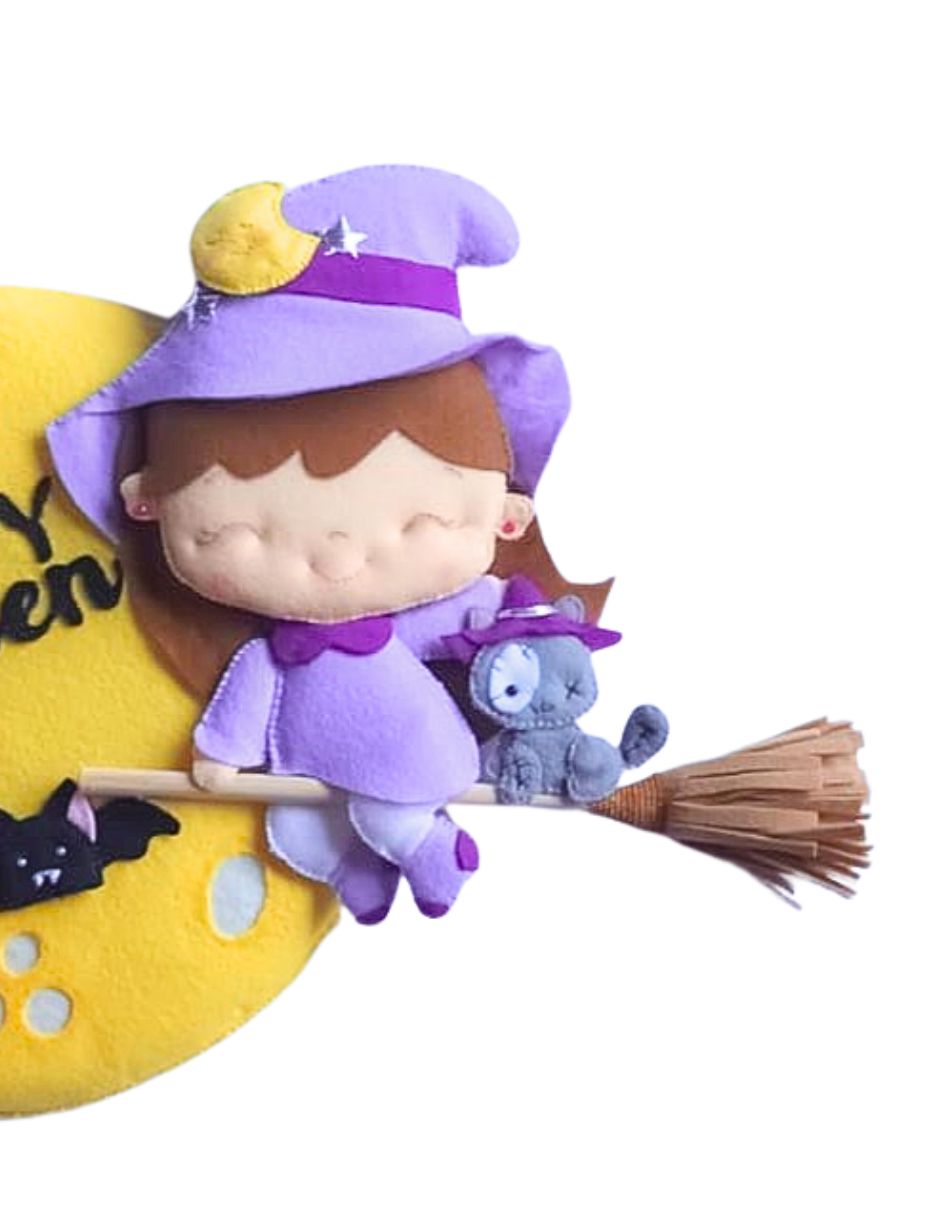 Halloween decoración puerta brujita en la luna.