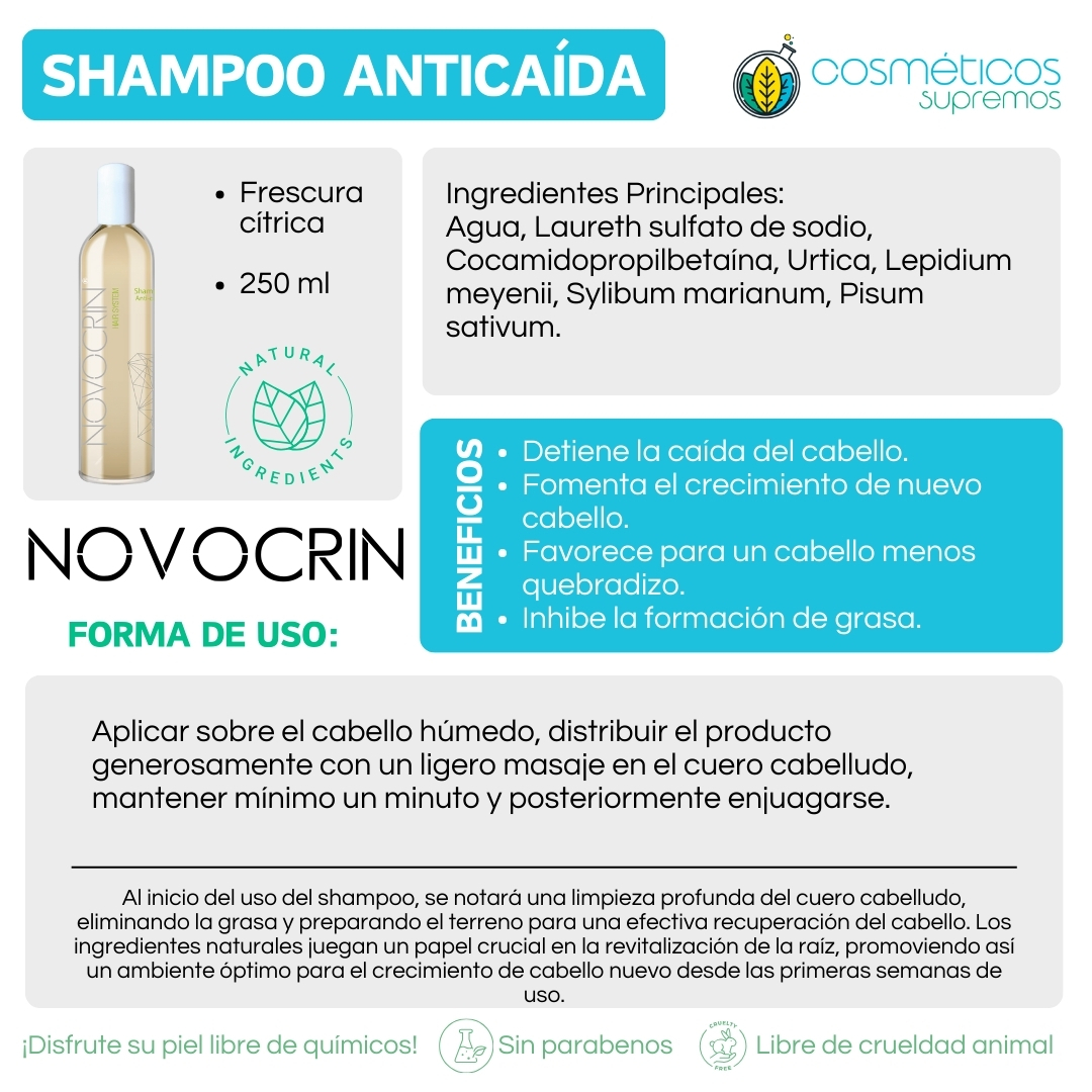 Tratamiento capilar / Tratamiento calipar, Promotor del crecimiento del cabello, evita la caida, Inhibe la formación de grasa, Sin efectos secundarios / NOVOCRIN / Loción + Shampoo, Tratamiento capilar, Inhibe formación de grasa, prolonga el ciclo de vida del cabello con biotecnología - 250 + 100 ml 