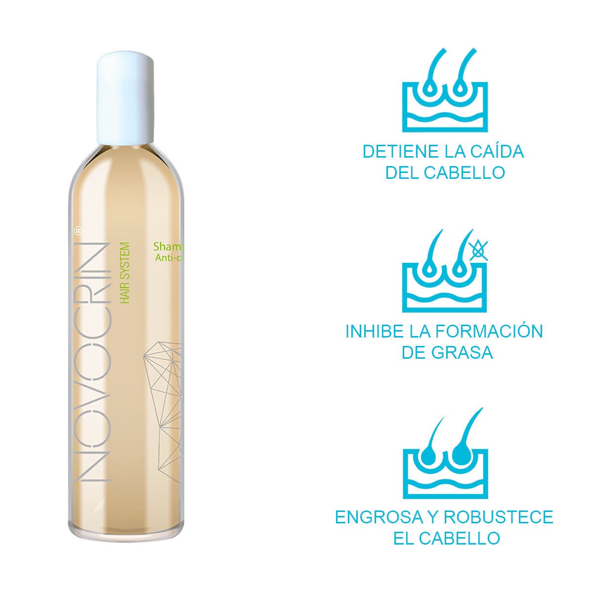 Tratamiento capilar / Tratamiento calipar, Promotor del crecimiento del cabello, evita la caida, Inhibe la formación de grasa, Sin efectos secundarios / NOVOCRIN / Loción + Shampoo, Tratamiento capilar, Inhibe formación de grasa, prolonga el ciclo de vida del cabello con biotecnología - 250 + 100 ml 