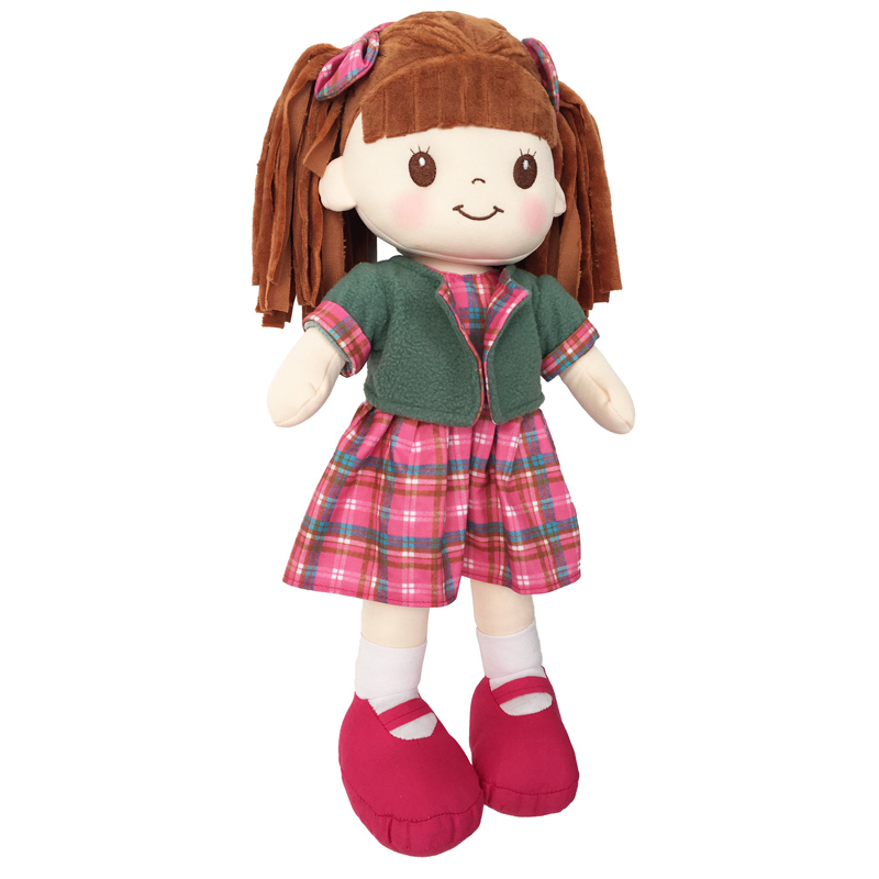 Muñeca De Trapo y Tela Lorena Color Fiusha Vestido a Cuadros