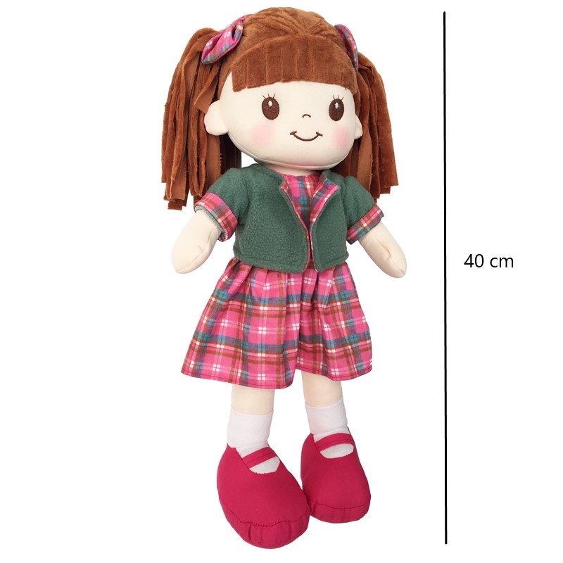 Muñeca De Trapo y Tela Lorena Color Fiusha Vestido a Cuadros